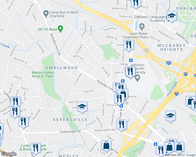map of restaurants, bars, coffee shops, grocery stores, and more near 2100 Rozzelles Ferry Road in Charlotte