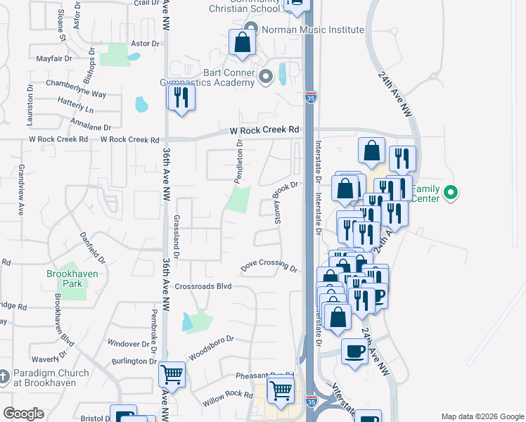 map of restaurants, bars, coffee shops, grocery stores, and more near 3213 Swan Hollow Drive in Norman