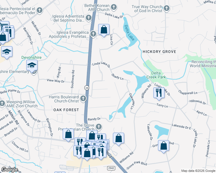 map of restaurants, bars, coffee shops, grocery stores, and more near 7129 Misty Morn Drive in Charlotte