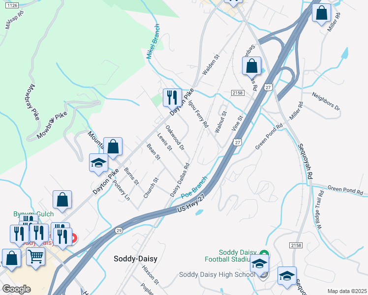 map of restaurants, bars, coffee shops, grocery stores, and more near 151 Oakwood Drive in Soddy-Daisy