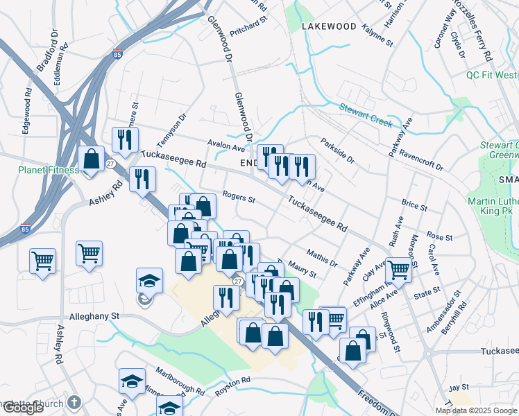 map of restaurants, bars, coffee shops, grocery stores, and more near 3421 Rogers Street in Charlotte