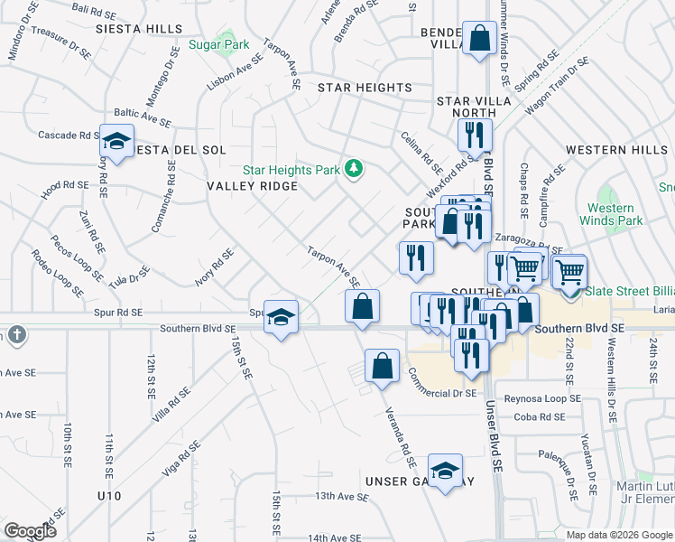 map of restaurants, bars, coffee shops, grocery stores, and more near 835 Tarpon Avenue Southeast in Rio Rancho