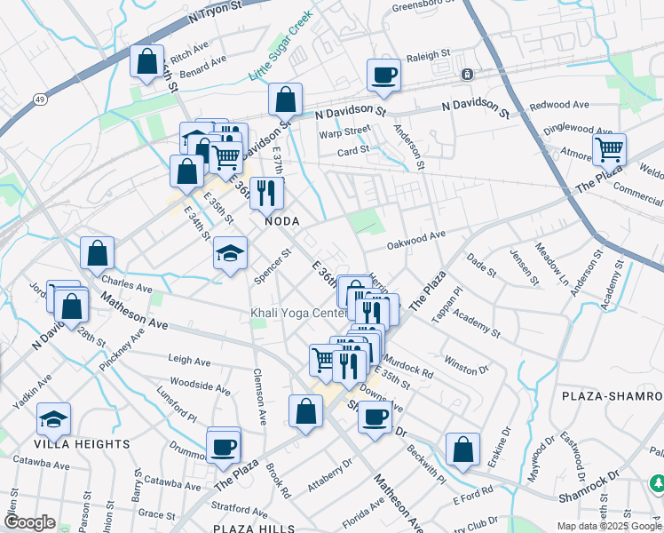 map of restaurants, bars, coffee shops, grocery stores, and more near 1025 East 36th Street in Charlotte