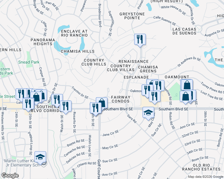 map of restaurants, bars, coffee shops, grocery stores, and more near 923 Country Club Drive Southeast in Rio Rancho