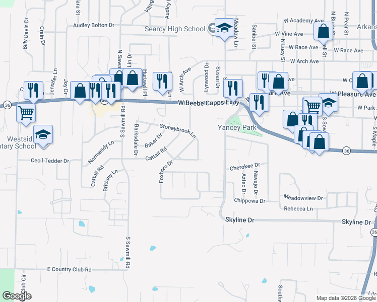 map of restaurants, bars, coffee shops, grocery stores, and more near 8 Foxboro Drive in Searcy