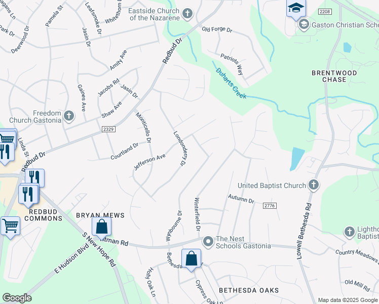 map of restaurants, bars, coffee shops, grocery stores, and more near 2217 Londonderry Drive in Gastonia