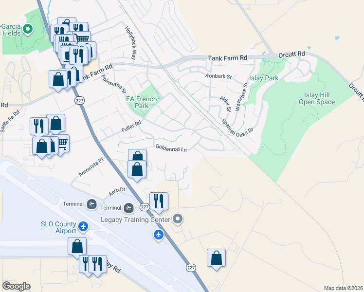 map of restaurants, bars, coffee shops, grocery stores, and more near 1002 Goldenrod Lane in San Luis Obispo