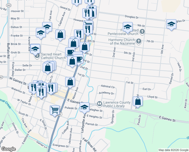 map of restaurants, bars, coffee shops, grocery stores, and more near 406 1st Street in Lawrenceburg