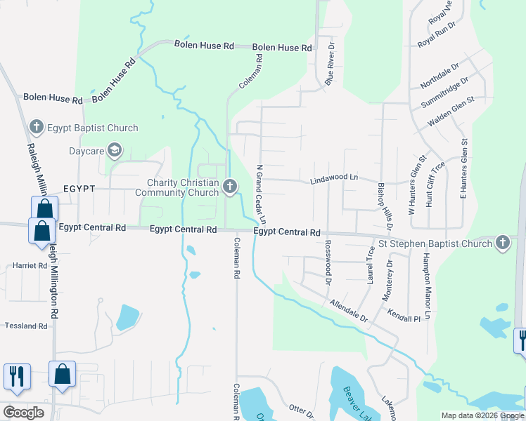 map of restaurants, bars, coffee shops, grocery stores, and more near 4330 North Grand Cedar Lane in Memphis
