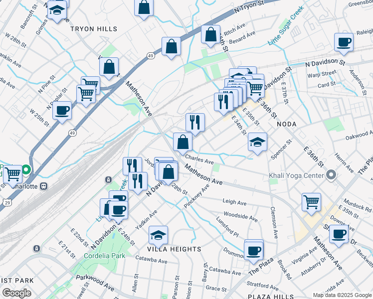 map of restaurants, bars, coffee shops, grocery stores, and more near in Charlotte