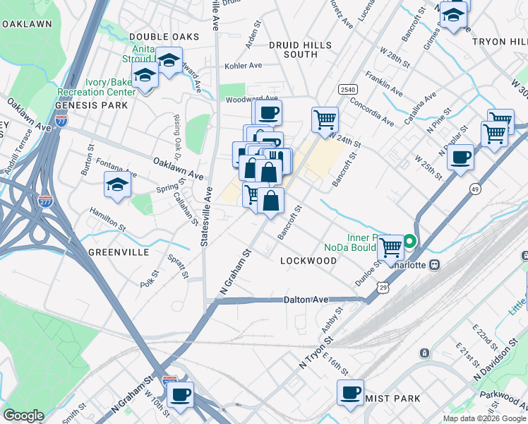 map of restaurants, bars, coffee shops, grocery stores, and more near 1625 North Graham Street in Charlotte