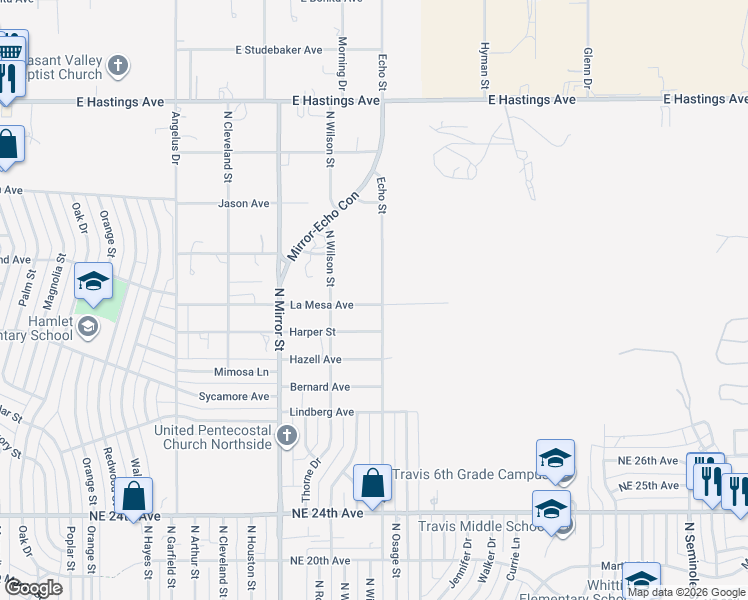 map of restaurants, bars, coffee shops, grocery stores, and more near 3402 Echo Street in Amarillo