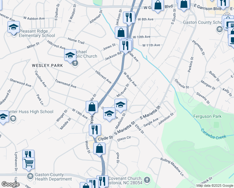 map of restaurants, bars, coffee shops, grocery stores, and more near 403 Woodlawn Avenue in Gastonia