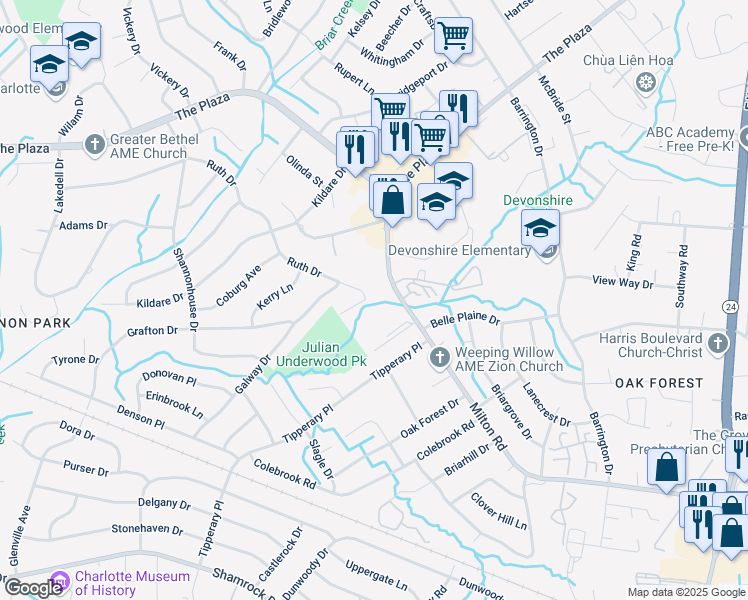 map of restaurants, bars, coffee shops, grocery stores, and more near 5937 Ruth Drive in Charlotte