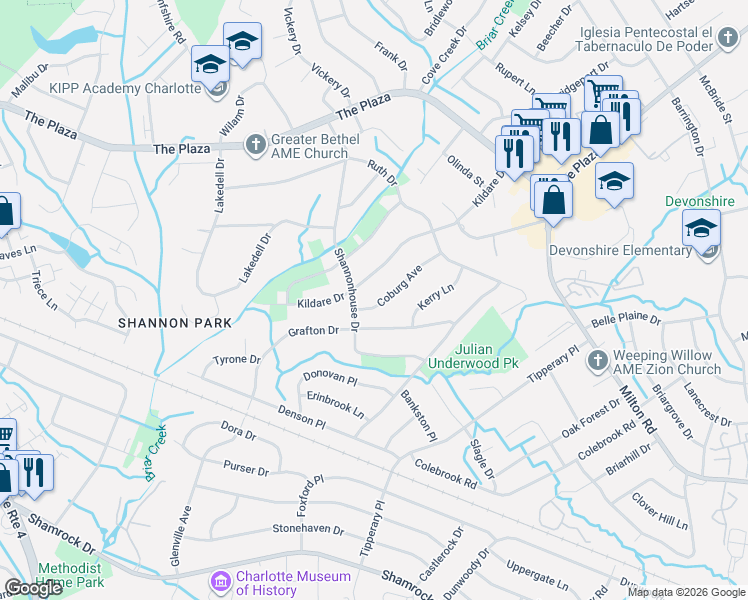 map of restaurants, bars, coffee shops, grocery stores, and more near 5319 Coburg Avenue in Charlotte