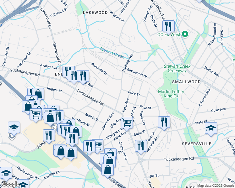 map of restaurants, bars, coffee shops, grocery stores, and more near 3016 Parkway Avenue in Charlotte