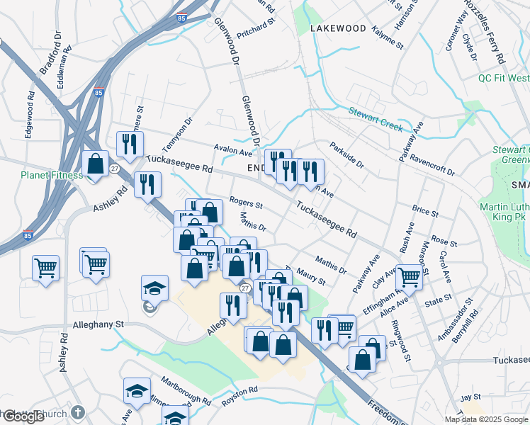 map of restaurants, bars, coffee shops, grocery stores, and more near 3416 Rogers Street in Charlotte