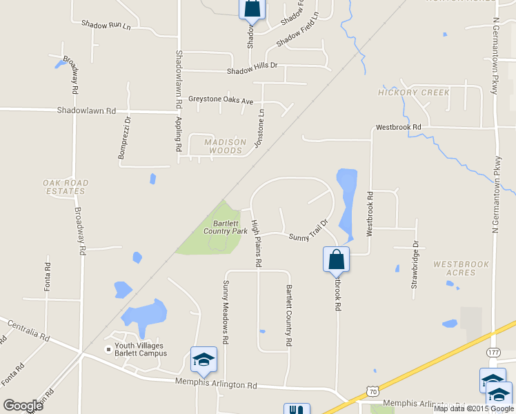 map of restaurants, bars, coffee shops, grocery stores, and more near 4320 High Plains Road in Bartlett
