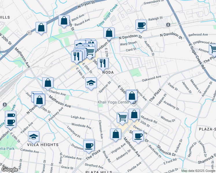 map of restaurants, bars, coffee shops, grocery stores, and more near 3206 Spencer Street in Charlotte