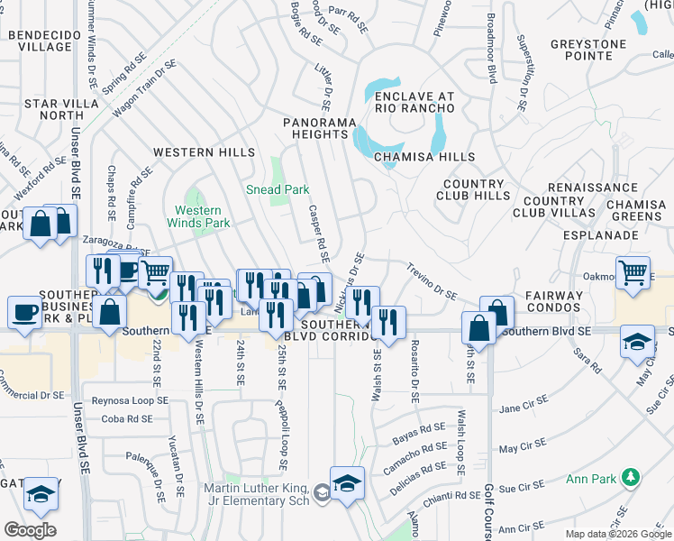 map of restaurants, bars, coffee shops, grocery stores, and more near 850 Casper Road Southeast in Rio Rancho