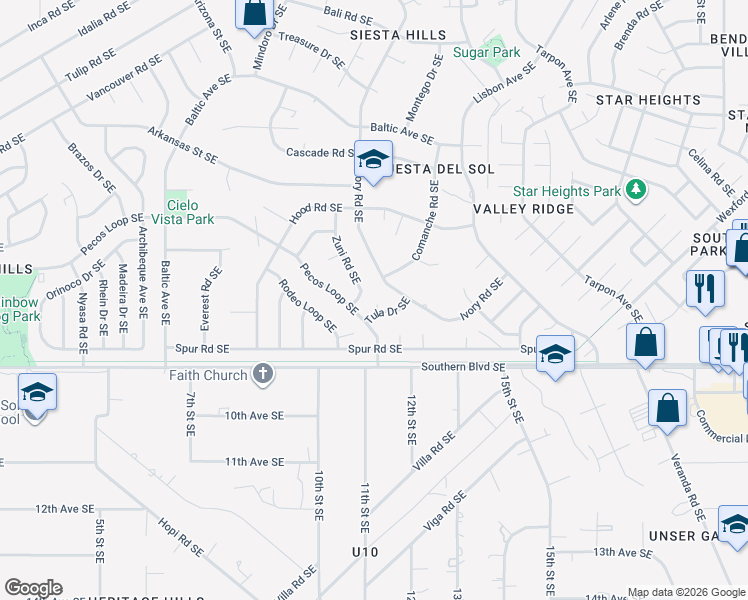 map of restaurants, bars, coffee shops, grocery stores, and more near 855 Tula Court Southeast in Rio Rancho