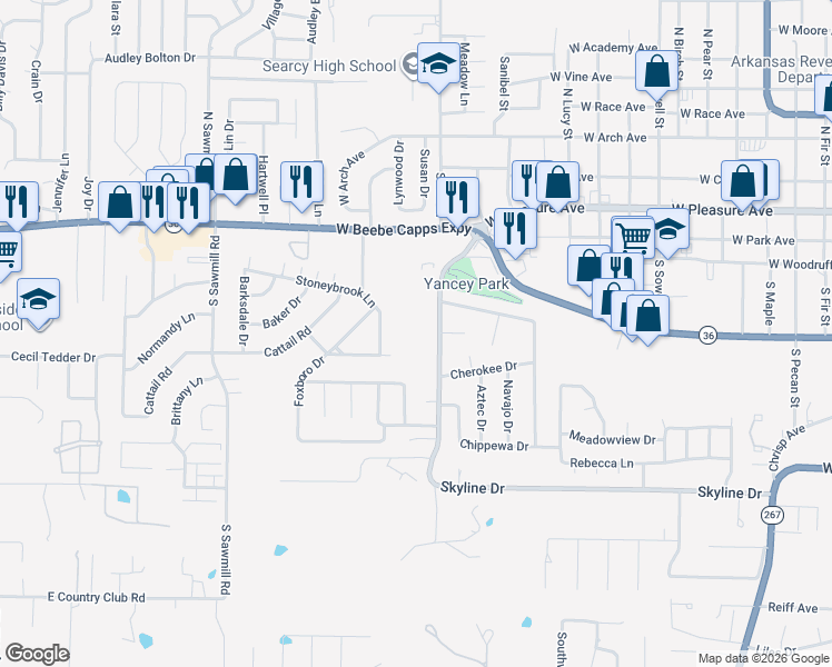 map of restaurants, bars, coffee shops, grocery stores, and more near 6 Stoneybrook Lane in Searcy