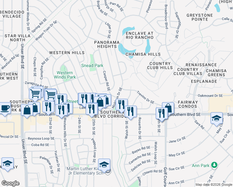 map of restaurants, bars, coffee shops, grocery stores, and more near 850 Casper Road Southeast in Rio Rancho