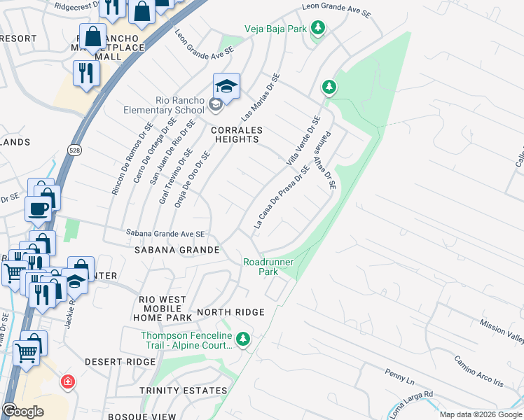 map of restaurants, bars, coffee shops, grocery stores, and more near 805 La Casa De Prasa Drive Southeast in Rio Rancho