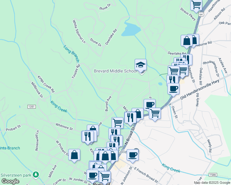 map of restaurants, bars, coffee shops, grocery stores, and more near 230 Burrell Avenue in Brevard
