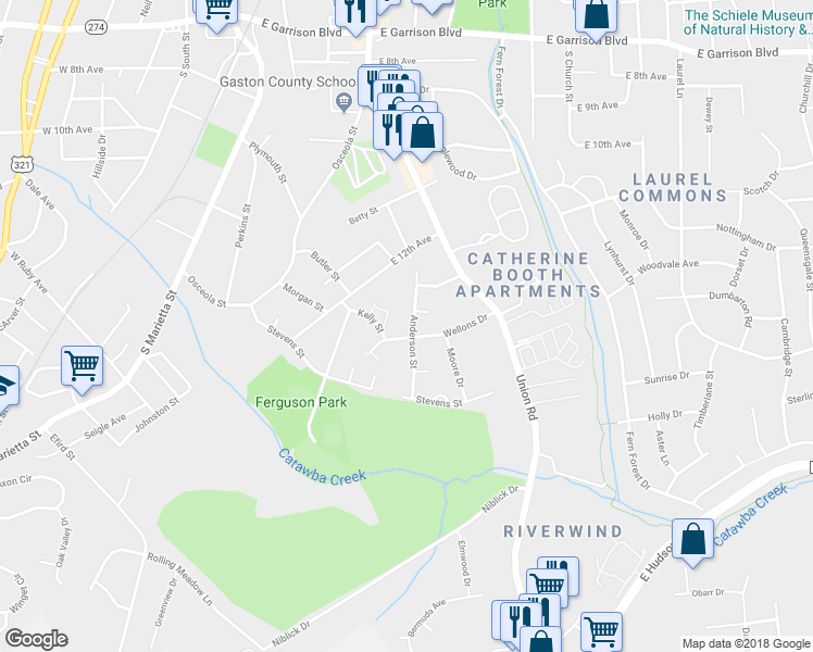 map of restaurants, bars, coffee shops, grocery stores, and more near 1441 Anderson Street in Gastonia