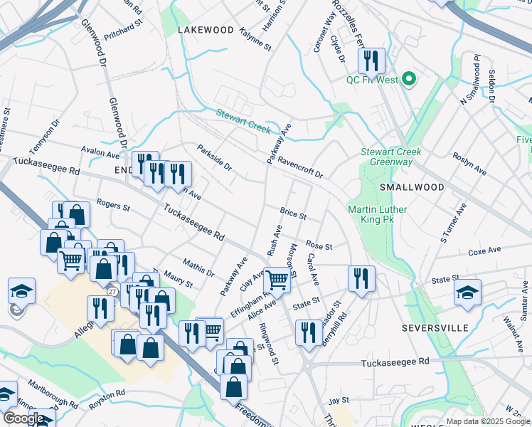 map of restaurants, bars, coffee shops, grocery stores, and more near 3016 Parkway Avenue in Charlotte
