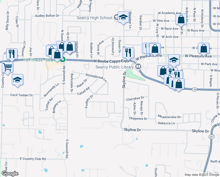 map of restaurants, bars, coffee shops, grocery stores, and more near 6 Stoneybrook Lane in Searcy