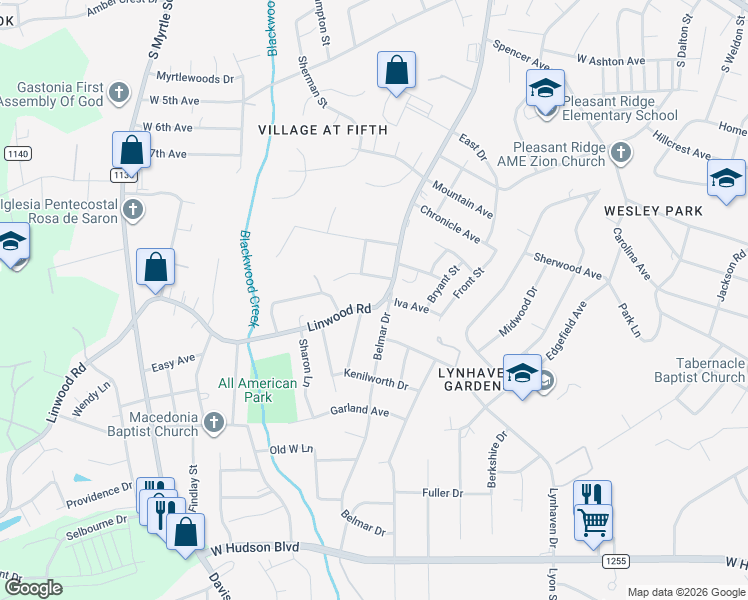 map of restaurants, bars, coffee shops, grocery stores, and more near 1614 Linwood Road in Gastonia