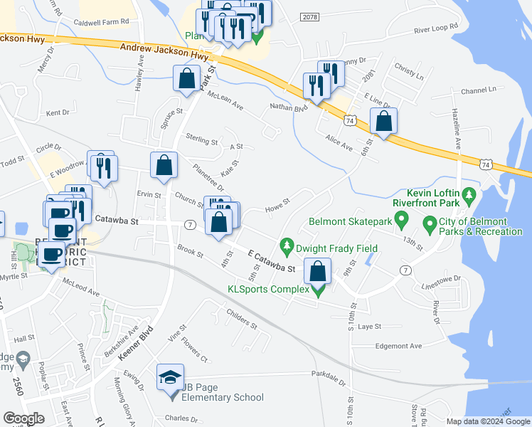 map of restaurants, bars, coffee shops, grocery stores, and more near 116 Howe Street in Belmont