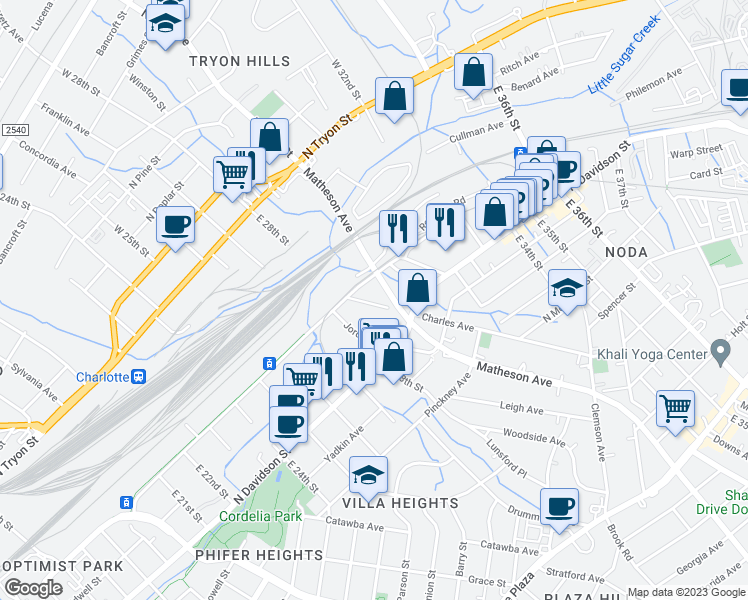 map of restaurants, bars, coffee shops, grocery stores, and more near 423 Charles Avenue in Charlotte