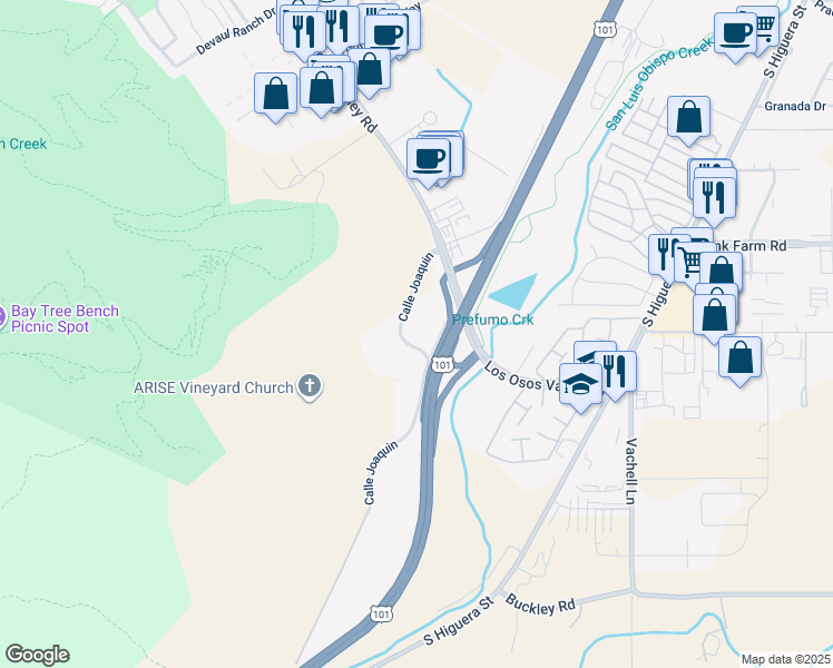 map of restaurants, bars, coffee shops, grocery stores, and more near 1585 Calle Joaquin in San Luis Obispo