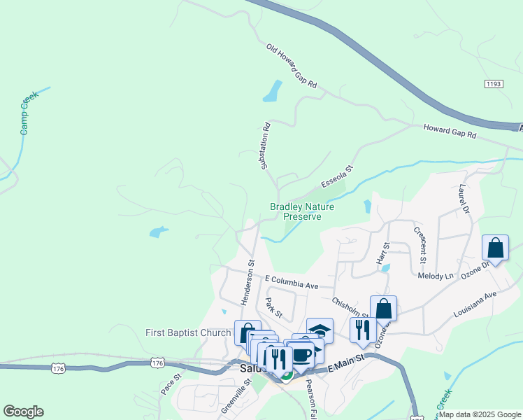 map of restaurants, bars, coffee shops, grocery stores, and more near 501 Esseola Street in Saluda