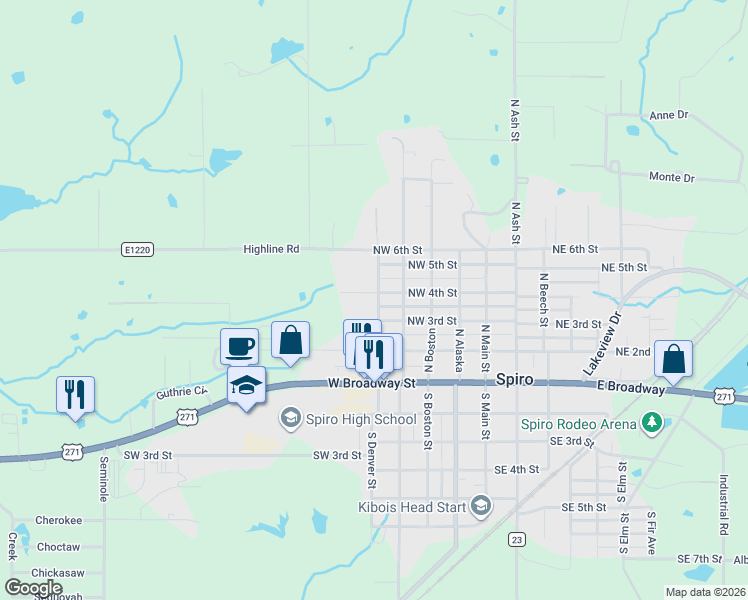 map of restaurants, bars, coffee shops, grocery stores, and more near 317 North Denver Avenue in Spiro