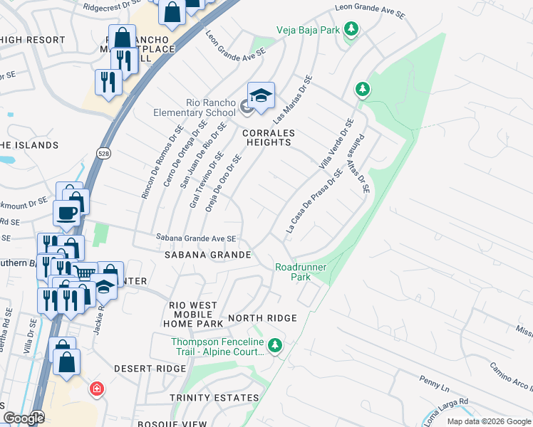 map of restaurants, bars, coffee shops, grocery stores, and more near 806 El Olmo Court Southeast in Rio Rancho