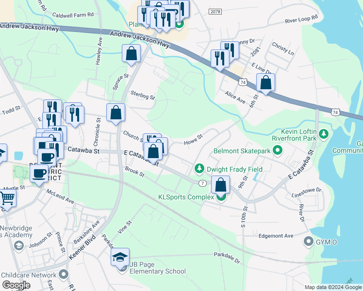 map of restaurants, bars, coffee shops, grocery stores, and more near 114 Howe Street in Belmont