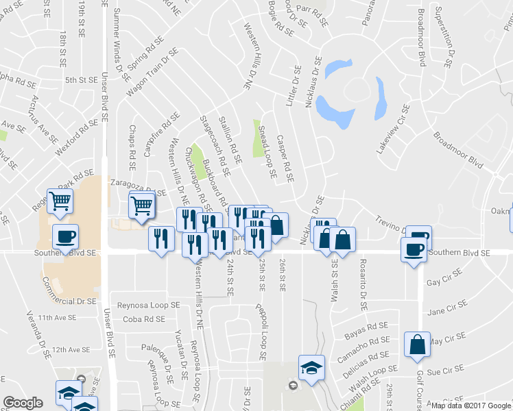 map of restaurants, bars, coffee shops, grocery stores, and more near 771 Stallion Road Southeast in Rio Rancho
