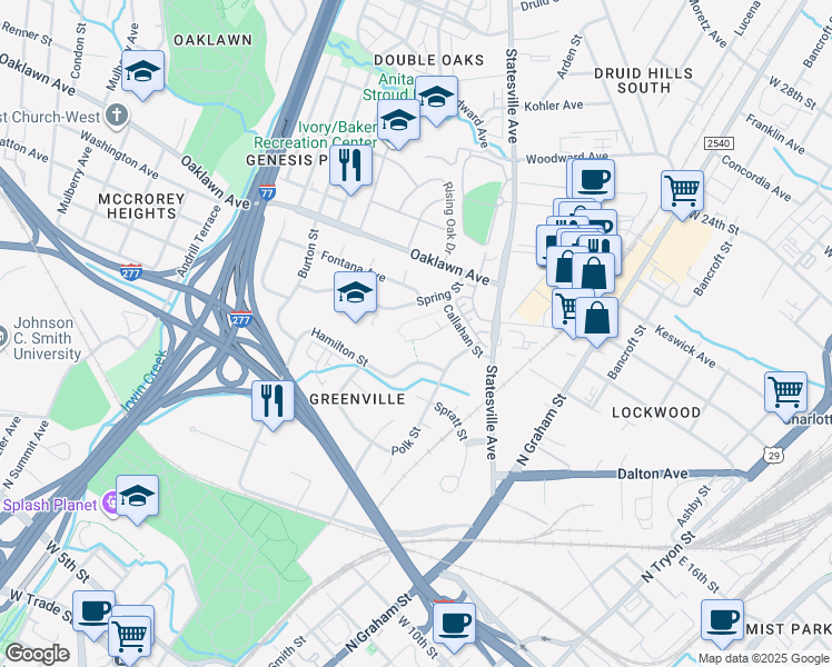 map of restaurants, bars, coffee shops, grocery stores, and more near 1501 Polk Street in Charlotte