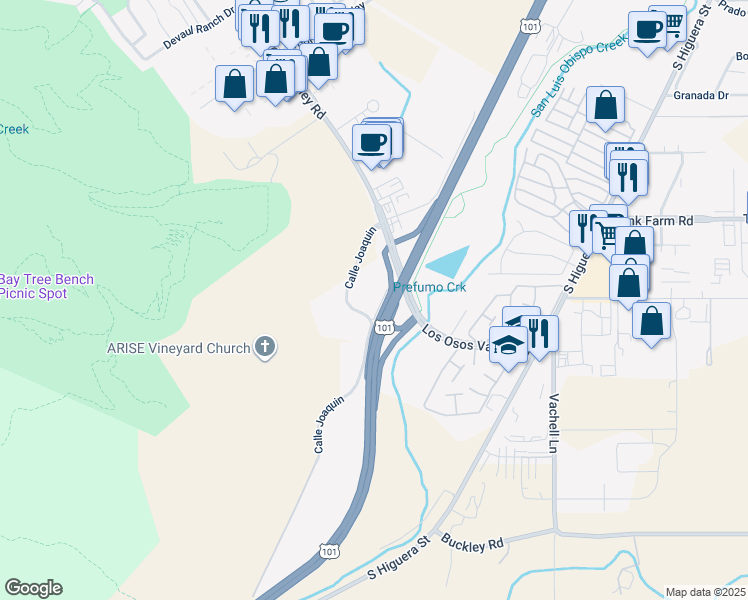 map of restaurants, bars, coffee shops, grocery stores, and more near 1585 Calle Joaquin in San Luis Obispo