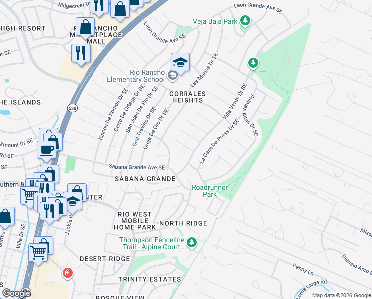 map of restaurants, bars, coffee shops, grocery stores, and more near 806 El Olmo Court Southeast in Rio Rancho