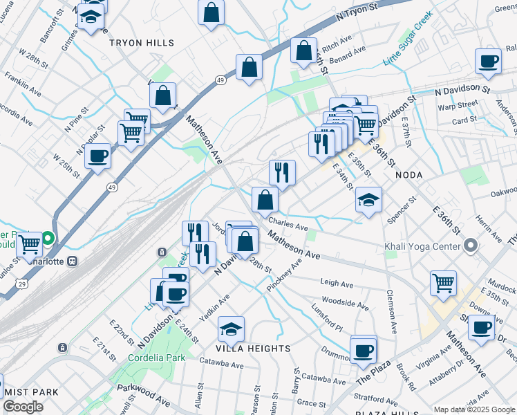 map of restaurants, bars, coffee shops, grocery stores, and more near 529 Charles Avenue in Charlotte