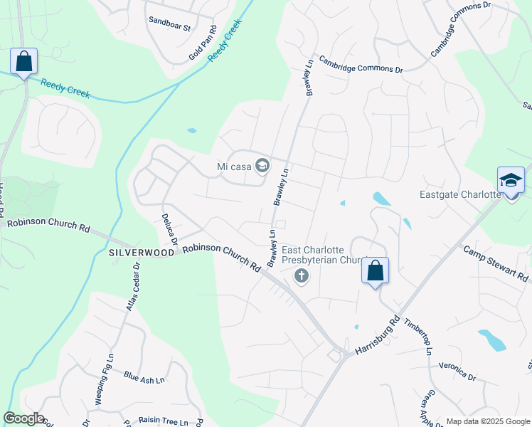 map of restaurants, bars, coffee shops, grocery stores, and more near 9701 Brawley Lane in Charlotte