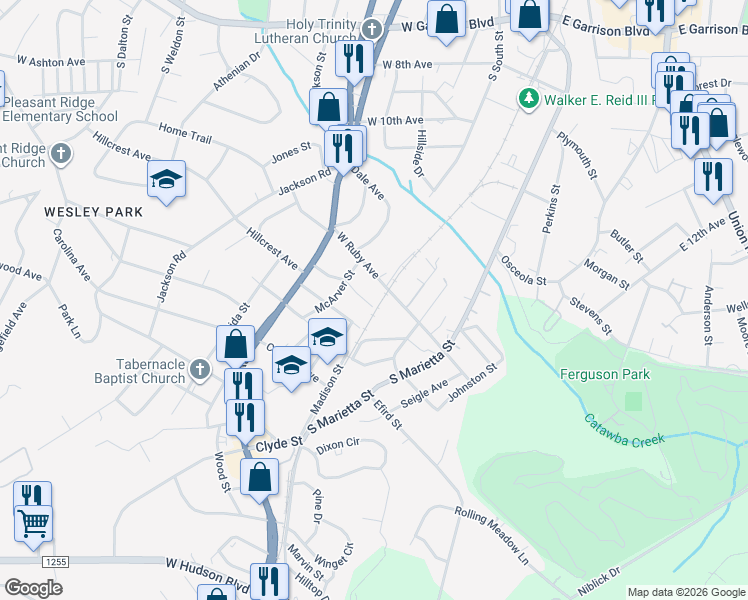 map of restaurants, bars, coffee shops, grocery stores, and more near 302 Hillcrest Avenue in Gastonia