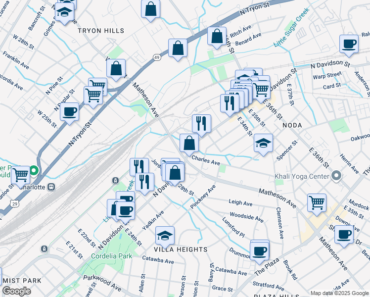 map of restaurants, bars, coffee shops, grocery stores, and more near 529 Charles Avenue in Charlotte