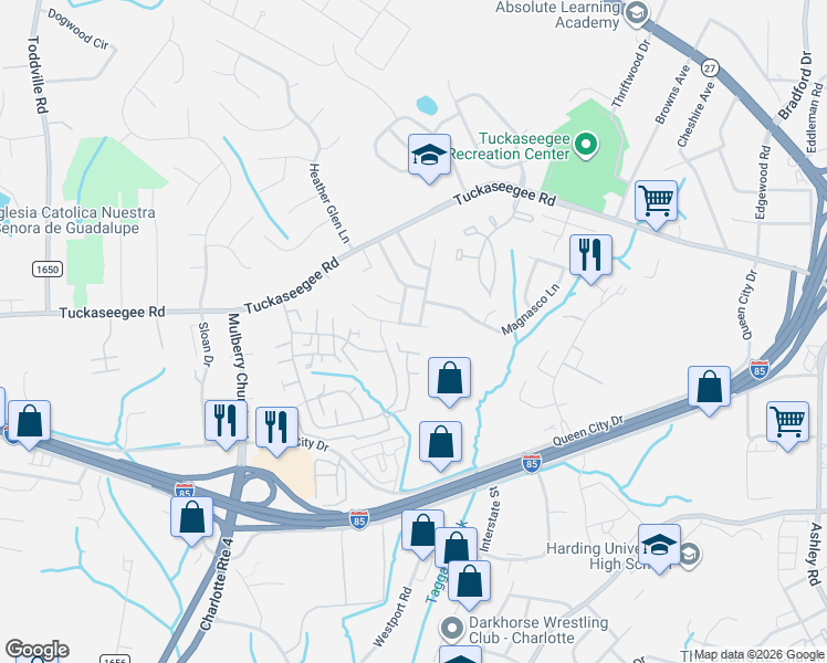 map of restaurants, bars, coffee shops, grocery stores, and more near 3236 Reid Brook Lane in Charlotte