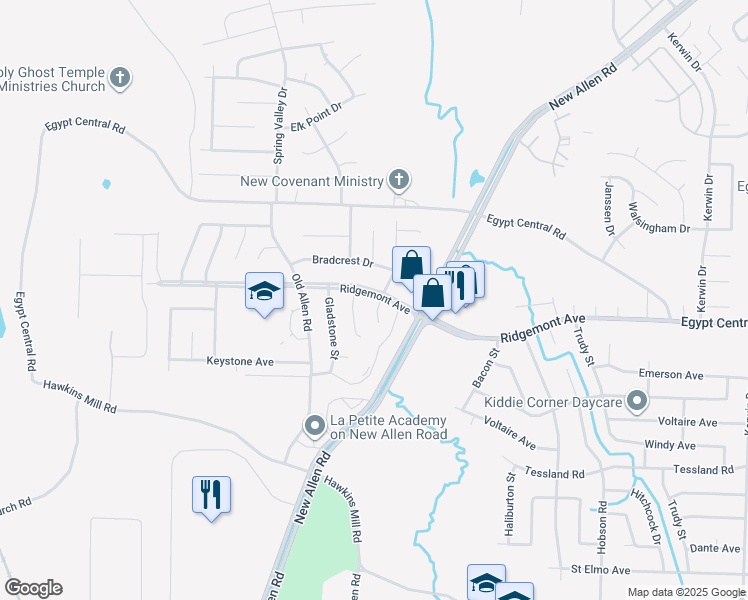map of restaurants, bars, coffee shops, grocery stores, and more near 3447 Ridgemont Road in Memphis